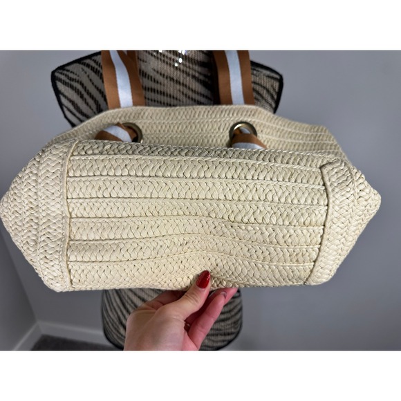 Mark & Graham Straw Tote Bag Beach Summer Tan Brown Stripe Accent - Picture 9 of 9